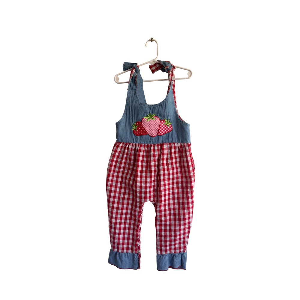 Vintage Style Red Gingham Strawberry Embroidered Baby Romper Sunsuit Tie Strap